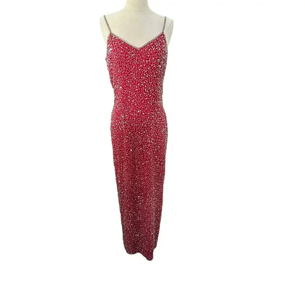 Lawrence Kazar Red 100% Silk Long Dress Size M all over sequin vintage - Picture 5 of 12